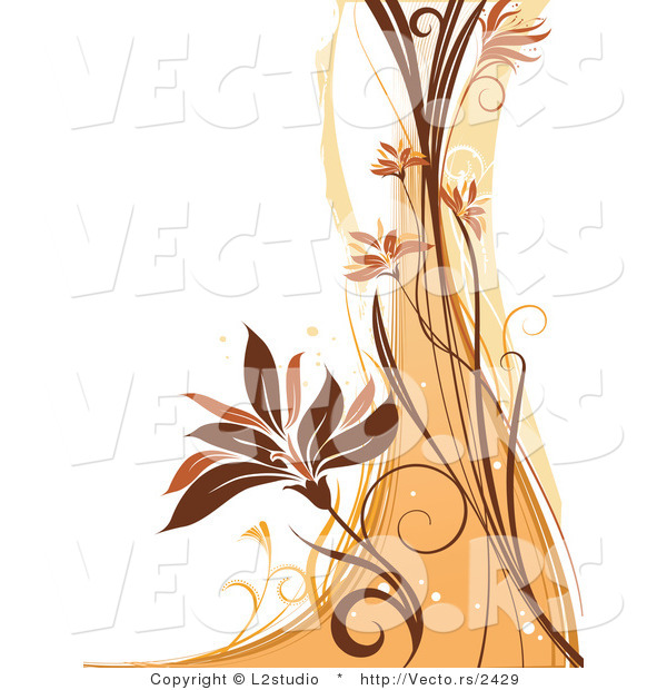 Vector of a Floral Grunge Background with Orange and Brown Waves and Vines