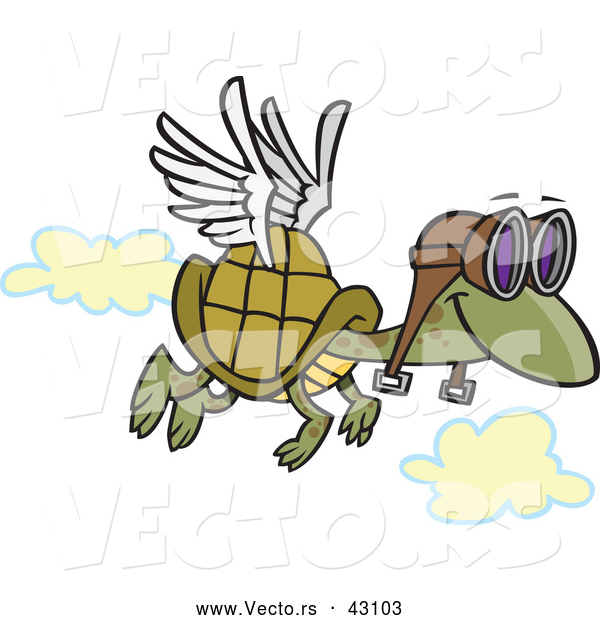 Vector of a Flying Cartoon Turtle Wearing Pilot Goggles and a Set of Wings Attached to His Shell