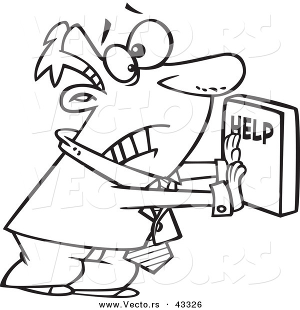 Vector of a Frantic Cartoon Businessman Pushing a Big Help Button - Coloring Page Outline