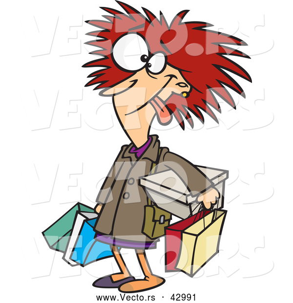 Vector of a Frazzled Cartoon Shopper Woman Carrying Shopping Bags