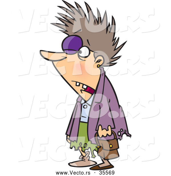 Vector of a Frazzled Cartoon Woman with a Black Eye, Torn Clothing, and Missing Teeth