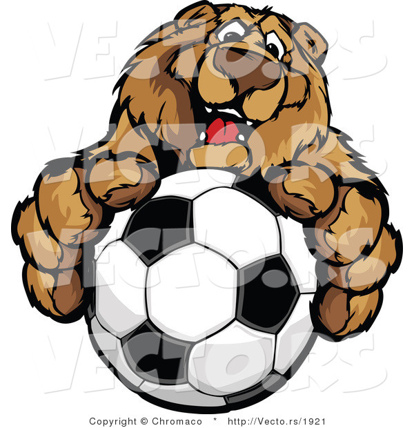 Vector of a Friendly Cartoon Bear Mascot Gripping Soccer Ball with Paws