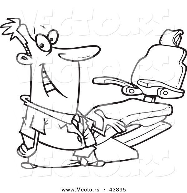 Vector of a Friendly Cartoon Dentist Presenting His Chair - Coloring Page Outline