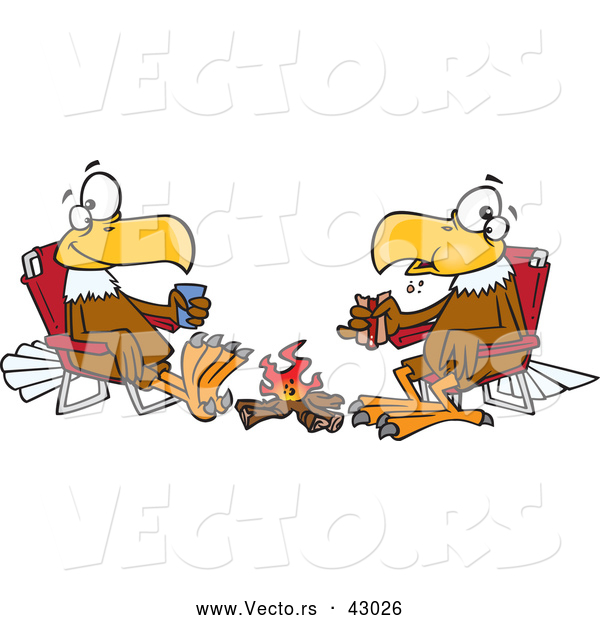 Vector of a Friendly Cartoon Eagles Eating Lunch in Front of a Campfire