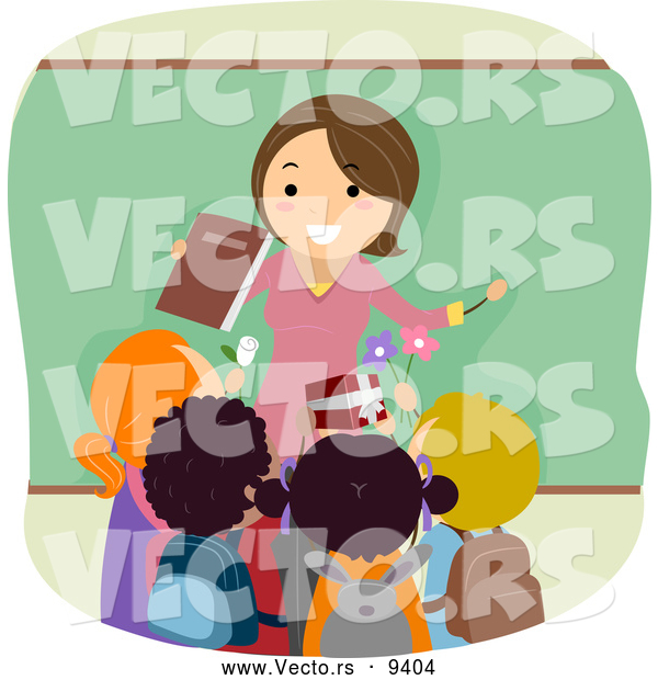Vector of a Friendly Cartoon Female School Teacher Being Greeting with Gifts from Her Happy Students