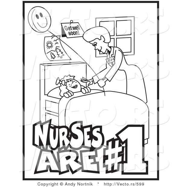 Vector of a Friendly Nurse Checking on Sick Child Resting in a Medical Bed - Line Drawing