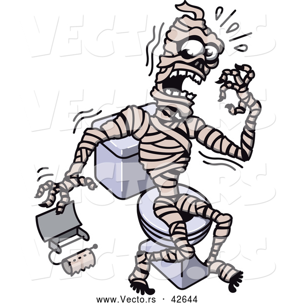 Vector of a Frightening Cartoon Mummy Sitting on a Toilet While Screaming for Toilet Paper