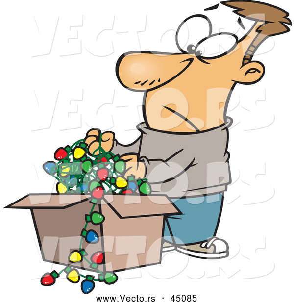 Vector of a Frowning Cartoon Man Pulling out Tangled Wires with Christmas Lights from a Storage Box