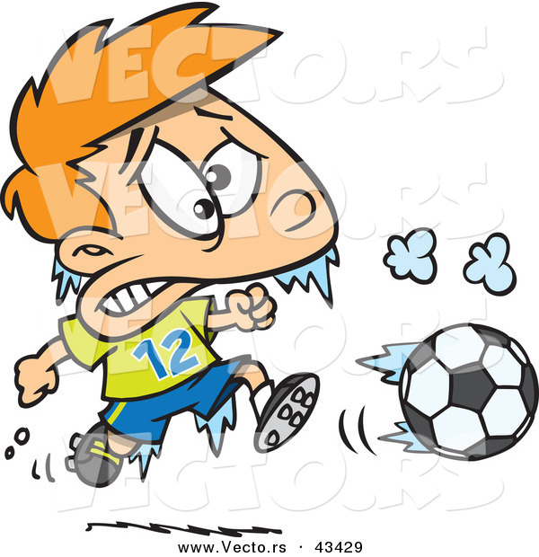 Vector of a Frozen Cartoon Boy Playing Soccer in Cold Weather