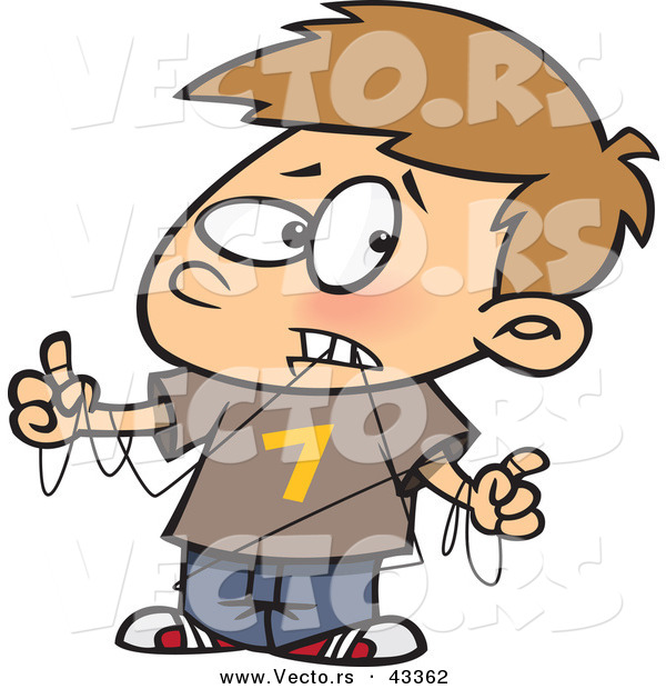 Vector of a Frusterated Cartoon Boy Trying to Dental Floss