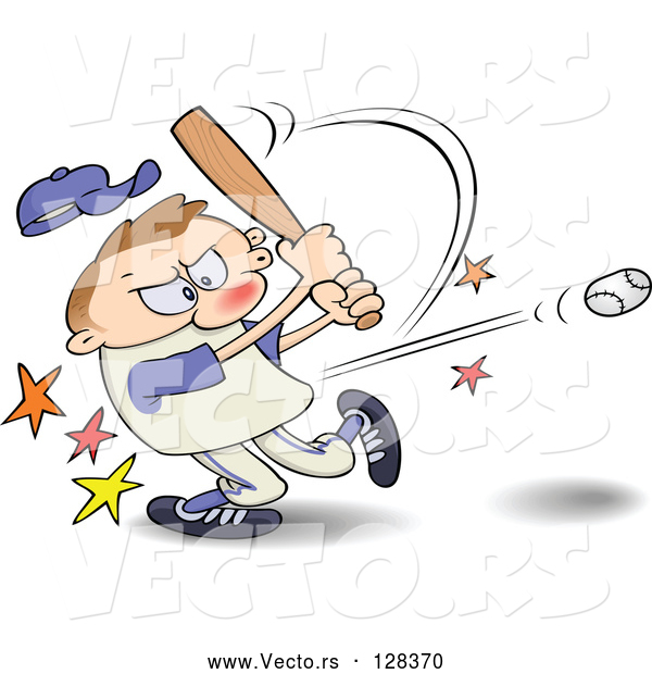 Vector of a Frustrated Cartoon Man Hitting a Baseball with a Bat