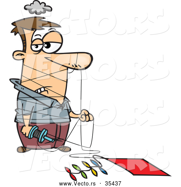 Vector of a Frustrated Cartoon Man Tangled in Kite String