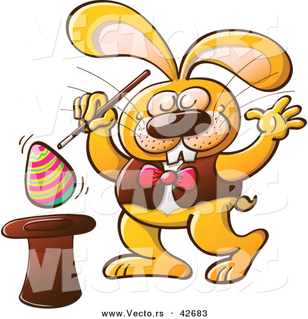 Vector of a Funny Bunny Making an Easter Egg Float out of a Magical Hat