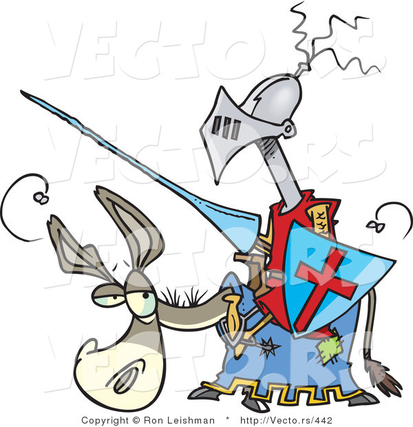 Vector of a Funny Cartoon Jouster on a Donkey with Lance and Shield