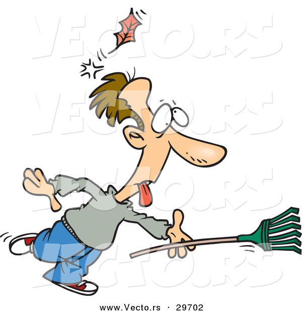 Vector of a Funny Cartoon Man Running with a Rake While Getting Knocked out by a Falling Leaf