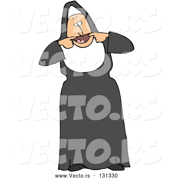Vector of a Funny Cartoon Nun in Black and White, Using Her Hands to Pry Open Her Mouth As Big As She Can to Make Funny Faces