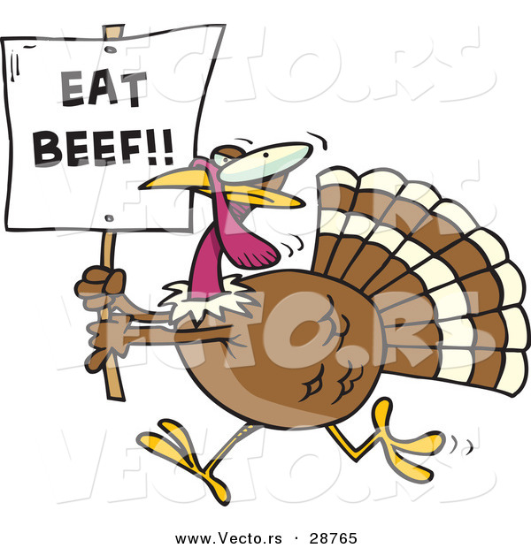 Vector of a Funny Cartoon Turkey Running with a "Eat Beef!" Sign