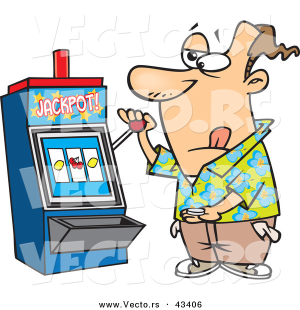 Vector of a Gambling Cartoon Man at a Casino Slot Machine