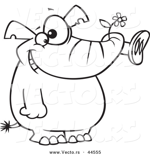 Vector of a Giddy Cartoon Elephant Holding a Flower in His Trunk - Coloring Page Outline