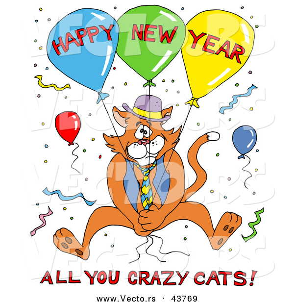 Vector of a Ginger Cat in a Vest and Tie, Holding onto Balloons and Surrounded by Confetti at a Party, with Happy New Year All You Crazy Cats Text