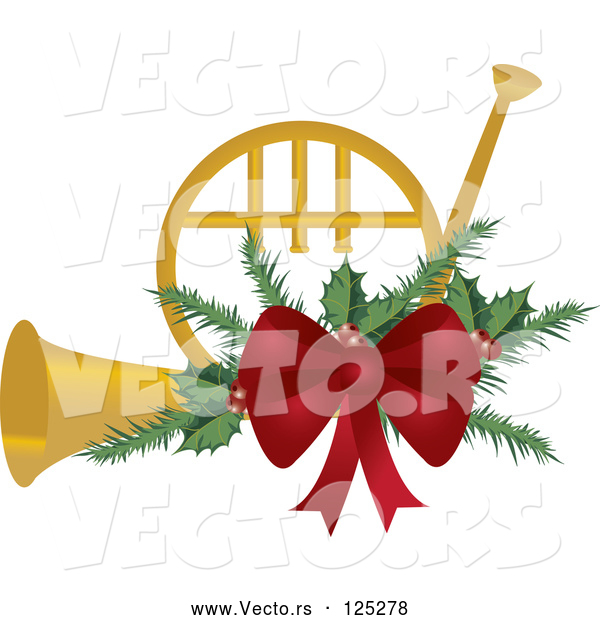 Vector of a Gold Christmas French Horn with Holly and a Red Bow