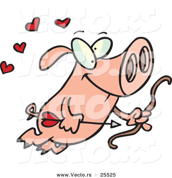 Vector of a Goofy Cartoon Cupid Pig Flying with a Bow and Arrow with Love Hearts