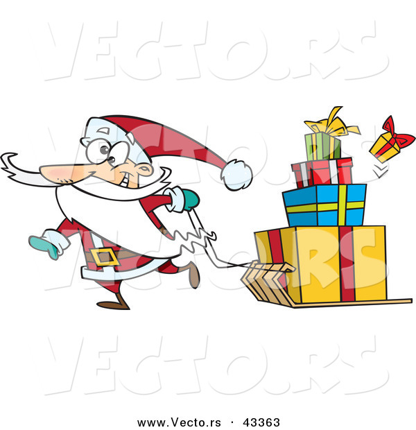 Vector of a Goofy Cartoon Santa Pulling Christmas Gifts on a Sled