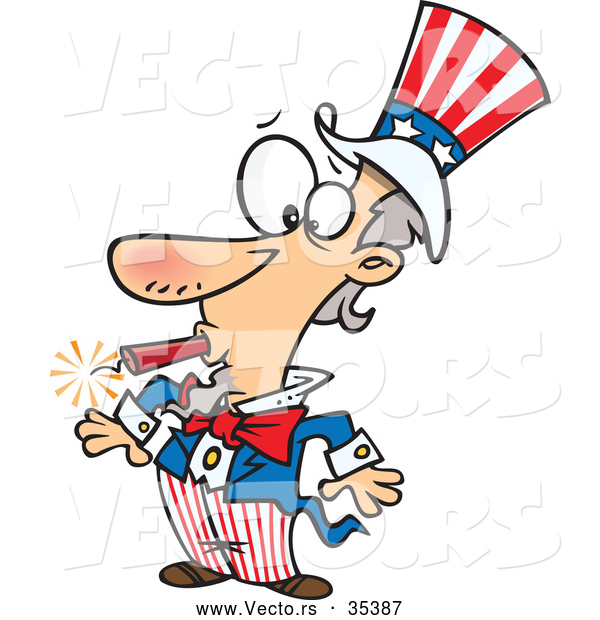 Vector of a Goofy Cartoon Uncle Sam with a Lit Dynamite Stick in His Mouth