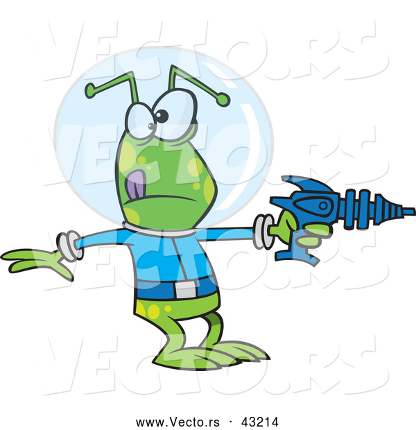 Vector of a Green Cartoon Alien Pointing a Ray Gun