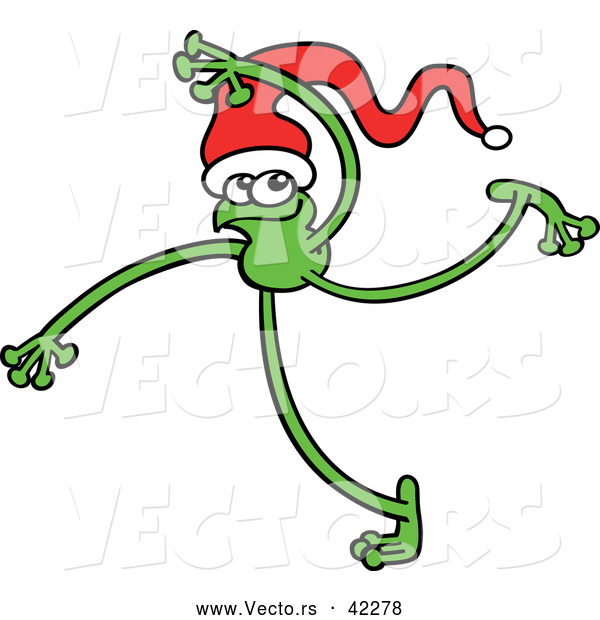 Vector of a Green Cartoon Frog Dancing While Wearing a Santa Hat
