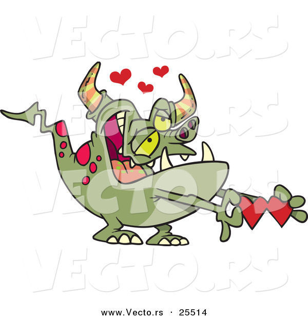 Vector of a Green Cartoon Monster Showing Valentine Love Hearts
