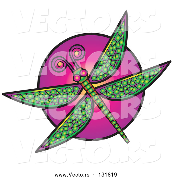 Vector of a Green Dragonfly over a Purple Circle