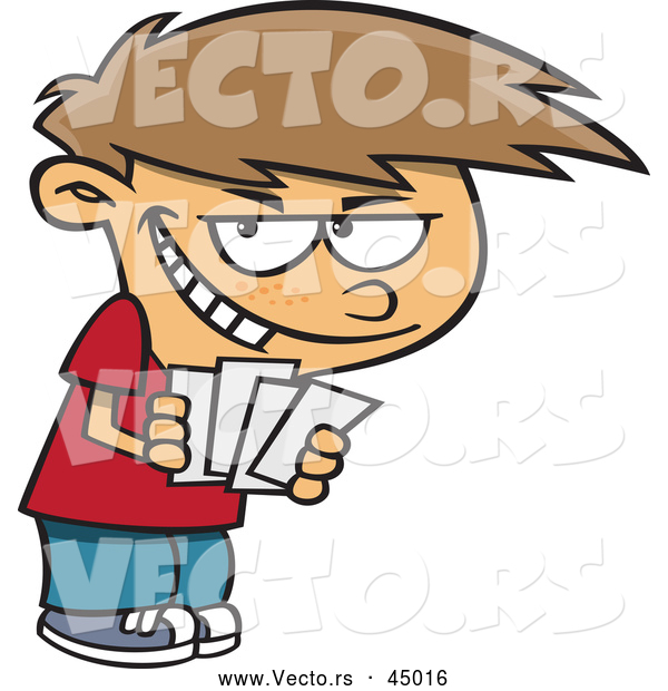 Vector of a Grinning Cartoon Boy Holding Blank Paper Cards