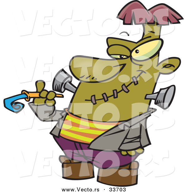 Vector of a Grinning Cartoon Frankenstein with a Party Noise Maker at a Halloween Party