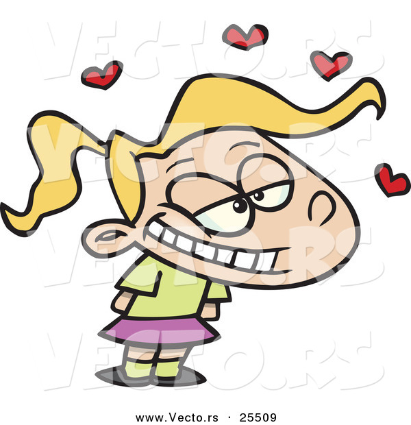 Vector of a Grinning Cartoon Girl with Love Hearts Floating Above Her Head