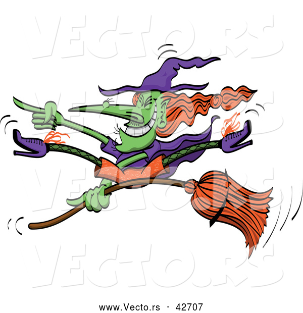 Vector of a Grinning Cartoon Halloween Witch Doing Wicked Tricks on Her Broomstick