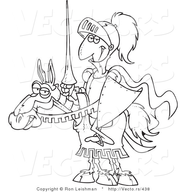 Vector of a Grinning Cartoon Knight on His Horse with a Lance - Coloring Page
