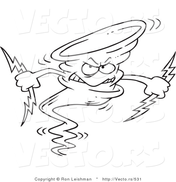 Vector of a Grinning Cartoon Tornado Mascot Holding Lightning Bolts - Line Drawing