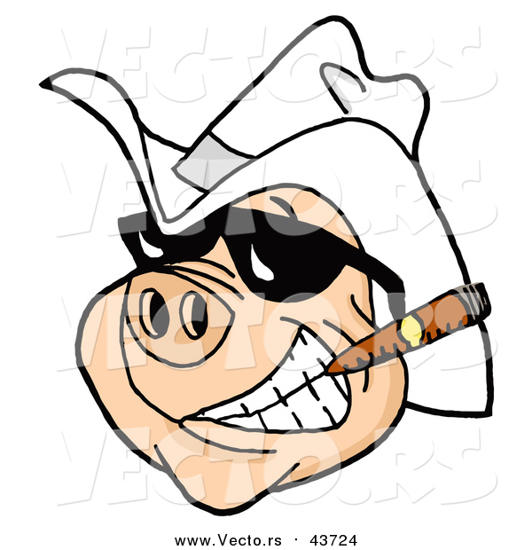 Vector of a Grinning Pig Wearing Shades and a Cowboy Hat, Smoking a Cigar