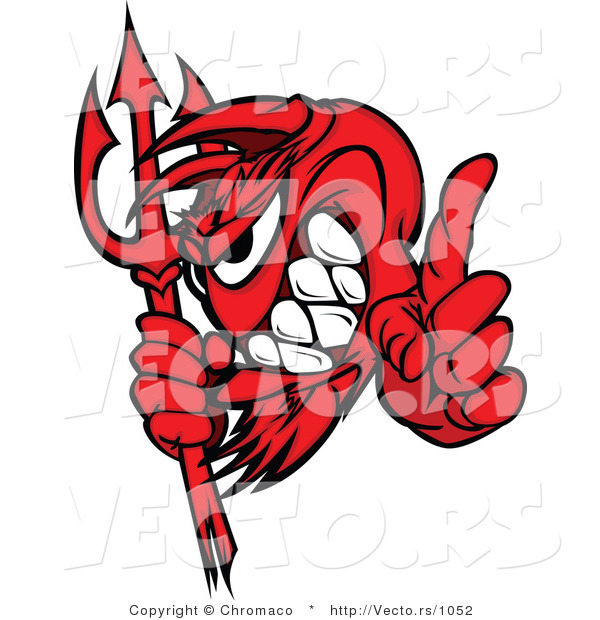 Vector of a Grinning Red Devil Mascot Pointing Finger with Pitchfork
