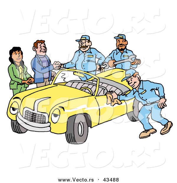 Vector of a Group of Friendly Mechanics Finishing up Work on a Yellow Classic Convertible Car Owned by a Couple