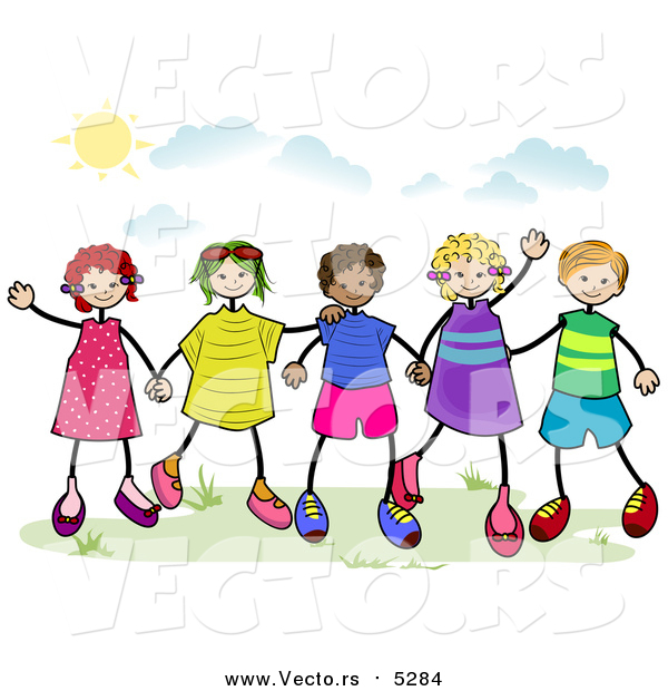 Vector of a Group of Stick Children Holding Hands Outside