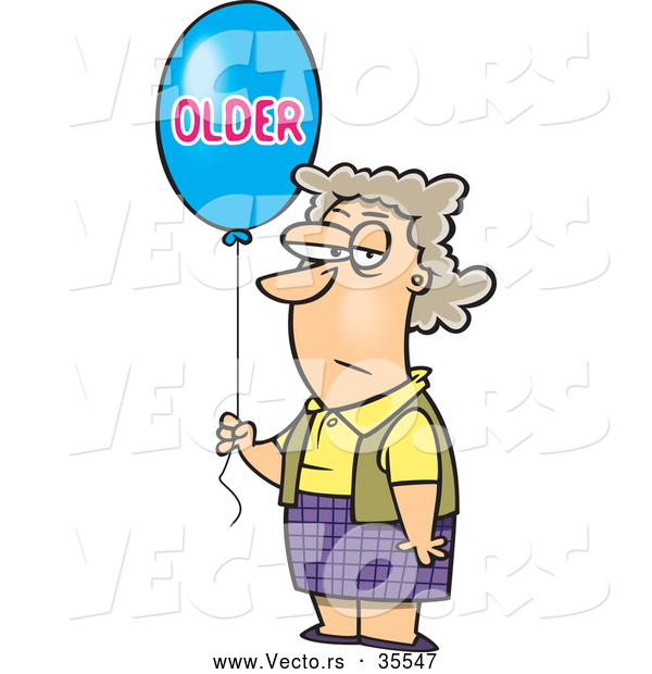 Vector of a Grumpy Cartoon Birthday Woman Holding an "OLDER" Balloon