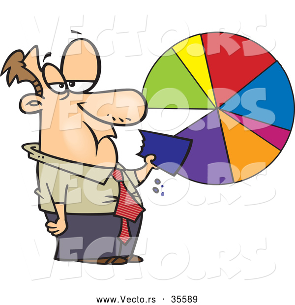 Vector of a Grumpy Cartoon Businessman Eating a Slice of a Pie Chart