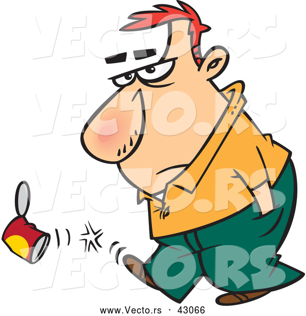 Vector of a Grumpy Cartoon Man Kicking a Can While Walking with Hands in His Pockets