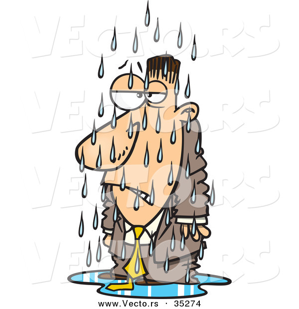Vector of a Grumpy Cartoon Man Standing Outside in the Cold Rain