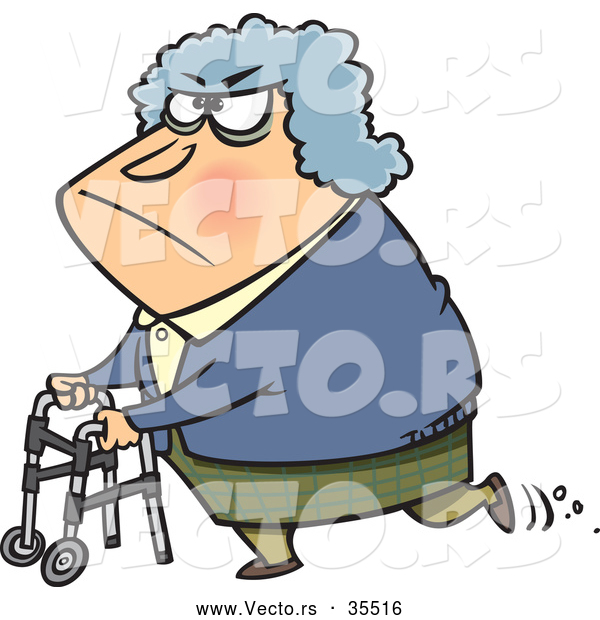 Vector of a Grumpy Old Lady Using a Walker - Cartoon Styled