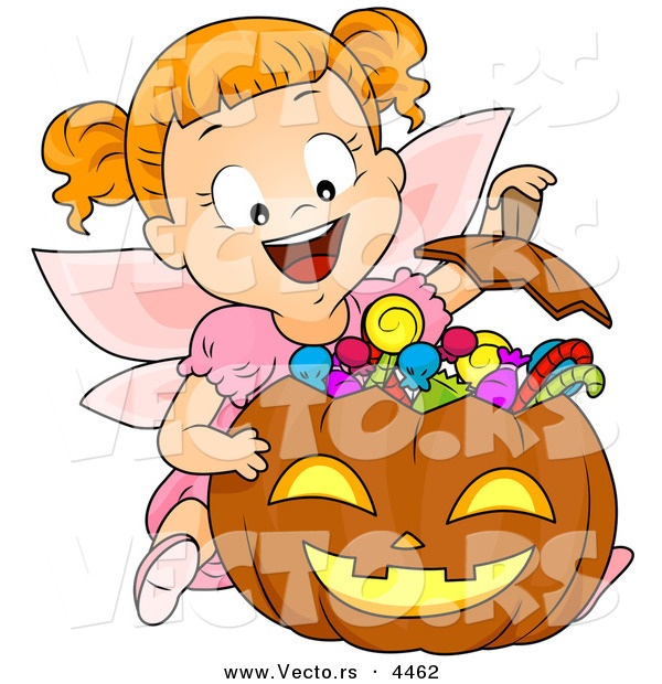 Vector of a Halloween Cartoon Girl in a Fairy Costume Witting Behind Her Candy Stash in a Pumpkin