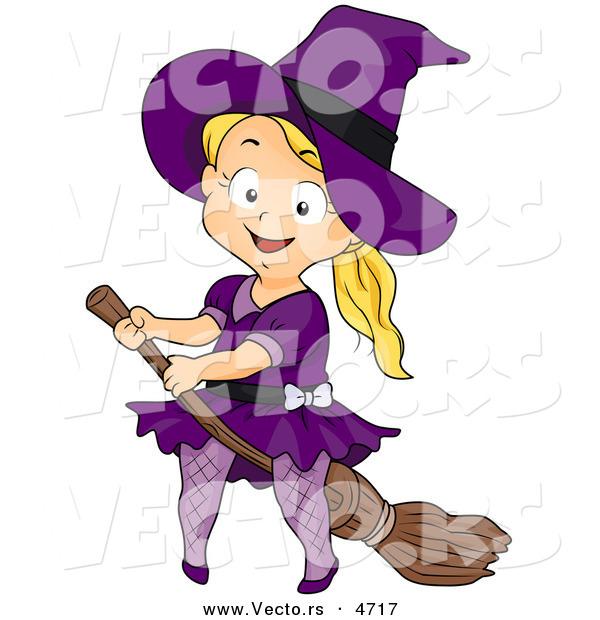 Vector of a Halloween Cartoon Girl Witch Riding a Broomstick