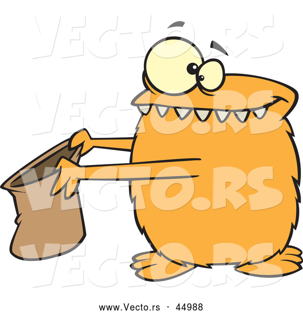 Vector of a Halloween Cartoon Orange Monster Holding out a Candy Bag